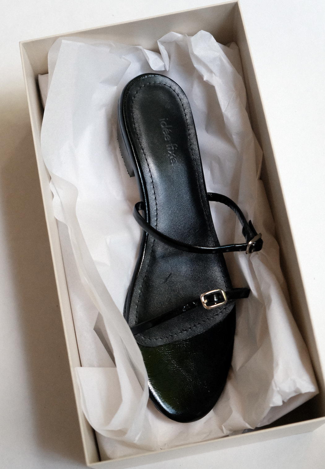 MINI BUCKLE HEELED SANDALS | PATENT BLACK